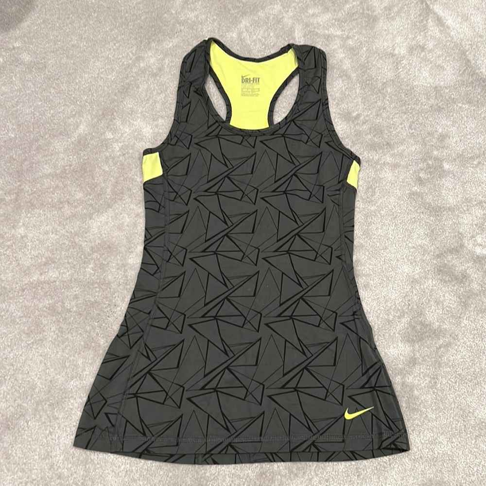 Nike Sri-fit grey, black, neon yellow workout razorback tank, size XS